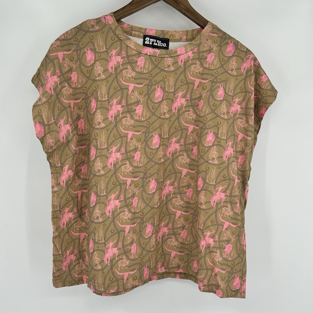 Brit Bridle Horse Print Shirt Womens S/M Boxy 100% Cotton Western Cowgirl Rodeo